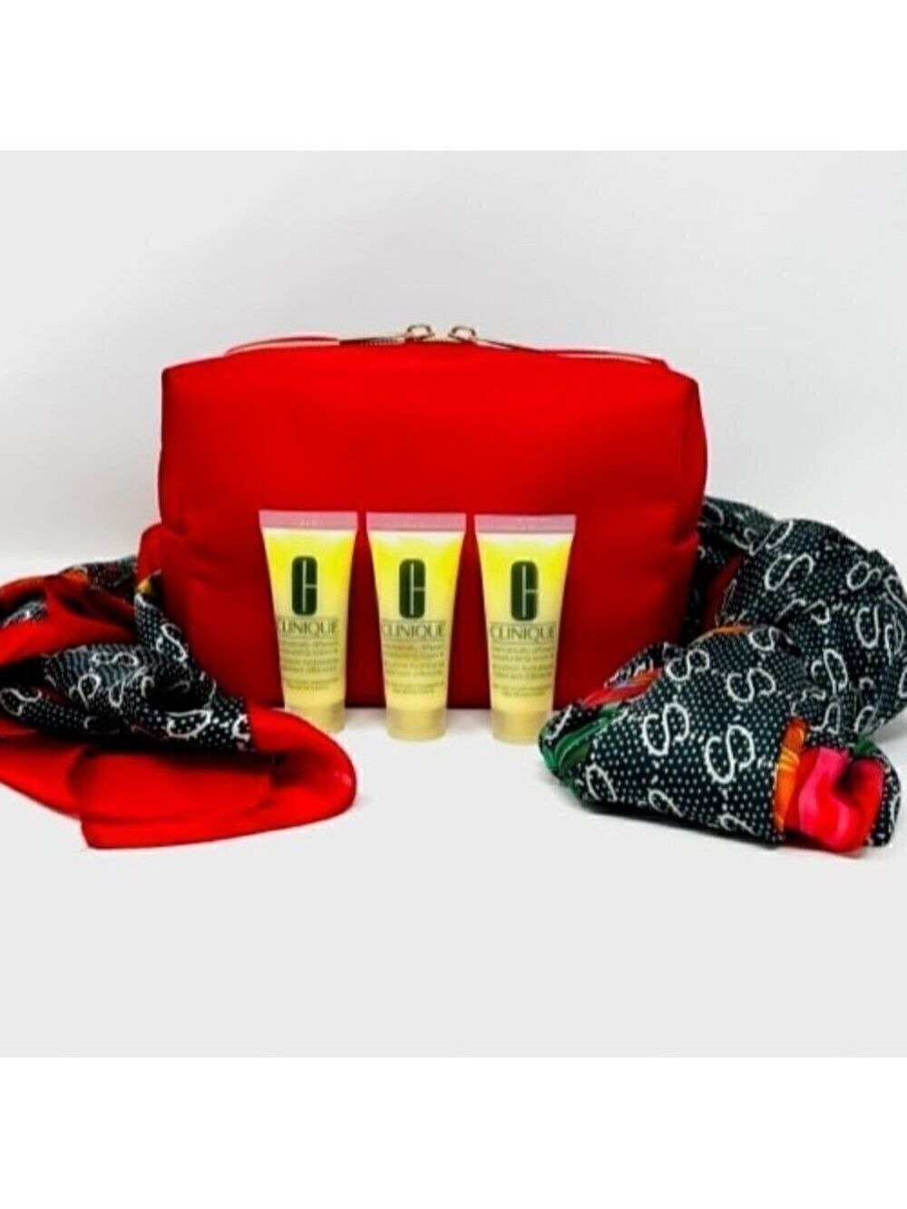 5 pc set- Clinique dramatically different moisturizer, scarf and cosmetic bag